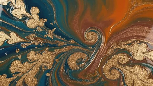 Abstract fluid art design swirling colors of teal orange bronze and gold shimmering liquid texture