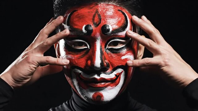 Dramatic portrait of a man with vibrant red face paint posing against a dark background
