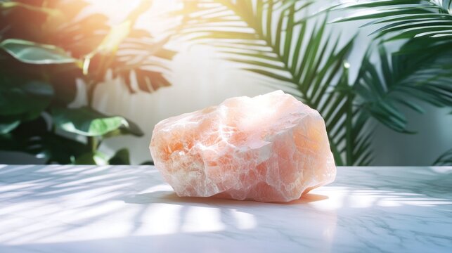 Serene Rose Quartz Crystal on Marble Surface with Tropical Foliage Backdrop