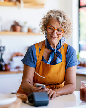 Senior woman cafe owner using smartphone to process card payment at a bright countertop