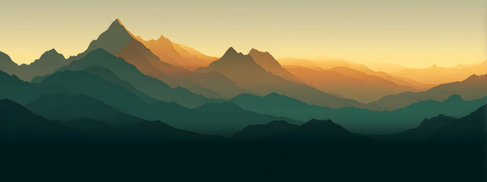 Isolated on a transparent background, this landscape banner features green silhouettes of mountains peaks, sunrise, sunset, and adventure travel icons.