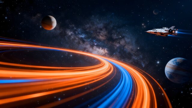 Space scene with planets and spaceship