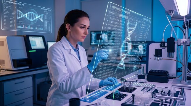 Female scientist analyzing genomic data in modern research laboratory