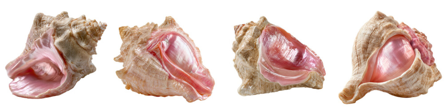 Four pink conch shells with open mouths isolated on transparent background