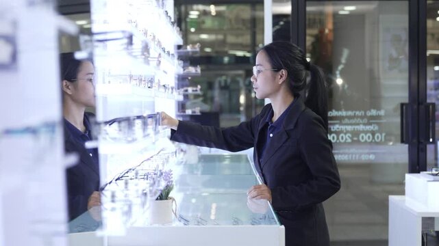 Close-up of a female staff member wearing glasses, wiping a lens inside a modern optical boutique. Highlighting small business daily operations, maintenance, and quality control of eyewear products.