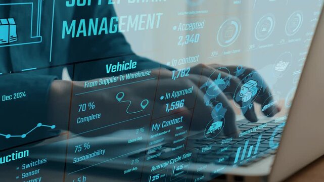 Explore the modern approach to supply chain management with innovative digital solutions showcasing analytics, vehicle tracking, and performance metrics on a laptop. Cipher
