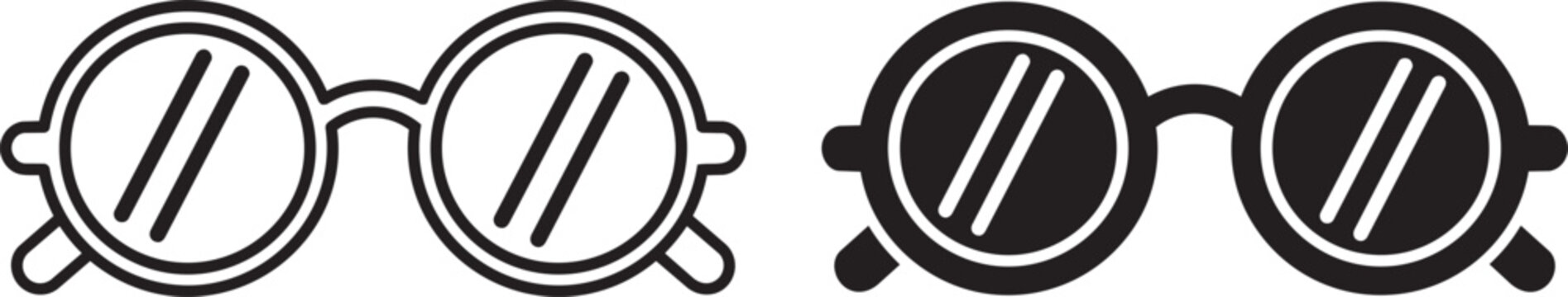 Retro round glasses vector icons, vintage circular spectacles set, black and white minimalist eyewear fashion illustrations for optical branding