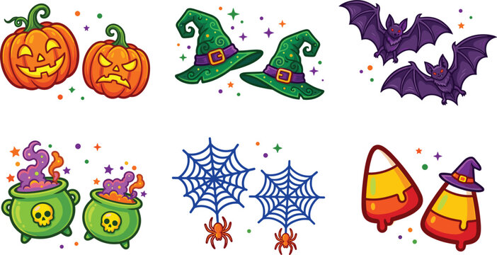 Kawaii pumpkins witch hats bats cauldrons spider webs and candy corn