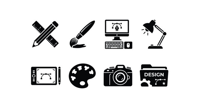 art supplies, artist tools, brush, camera icon, computer monitor, craft, creative, design, design tools, digital art, drawing, flat icon, flat vector, graphic design, illustration, lamp, monitor, pale