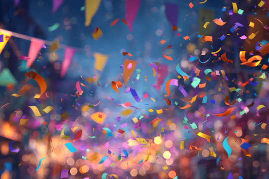 A digital art illustration using generative AI to create a colorful celebration with confetti and bokeh on a carnival background.