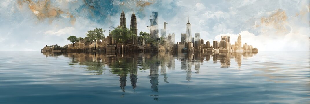 A surreal cityscape blends historic and modern buildings on a small island, reflected in calm water under a cloudy sky with artistic textures.