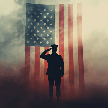 Silhouette of a united states soldier saluting in front of a large american flag with atmospheric smoke and haze