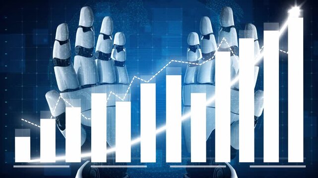 A futuristic representation of robot hands interacting with digital growth charts, portraying the relationship between technology, data analysis, and business development. Copula