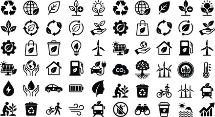 Eco friendly black glyph icon set featuring recycling symbols green energy solar panels wind turbines leaves and sustainability concepts isolated on white background © MDFahim