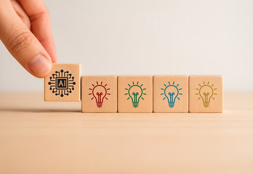 Using AI to generate business ideas. Artificial intelligence tool help business to identify potential opportunities for new products or services, creative ideas or content. AI adoption for business. 