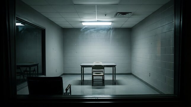A dimly lit interrogation room with a table and chair.