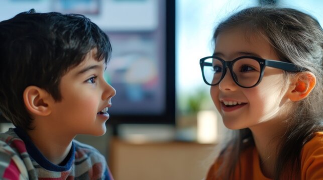 Adorable siblings sharing a moment of joy and connection, their faces filled with warmth and happiness. A heartwarming scene of childhood innocence and sibling bonding.
