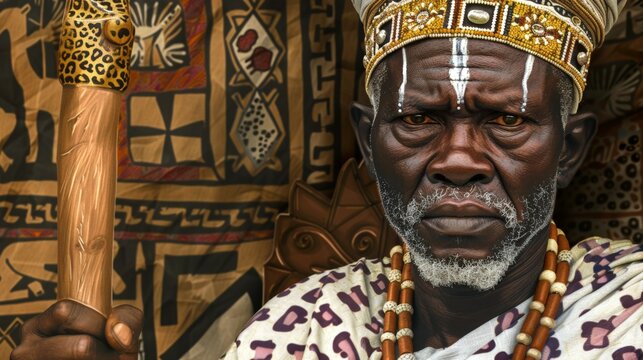 Old African man with white face paint and beaded necklaces. He holds a carved wooden staff. Traditional patterned cloth behind him. Serious expression shows cultural authority