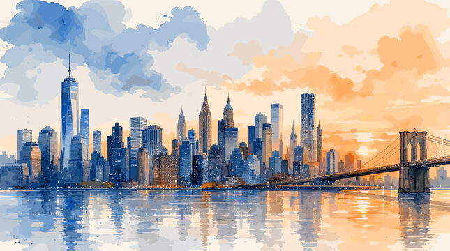 Watercolor painting of the New York City skyline with the Brooklyn Bridge at sunset, reflecting in the water.