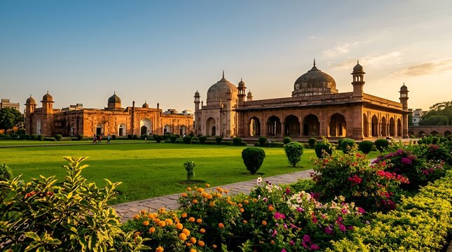 The historic bibi ka maqbara mausoleum in aurangabad, maharashtra, india, captured during the golden hour with lush gardens