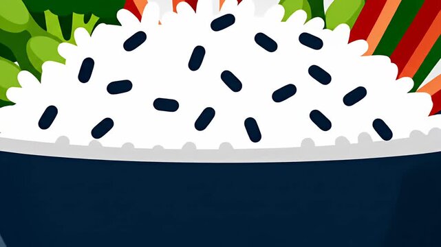 Bowl of rice with vegetables icon on white background.