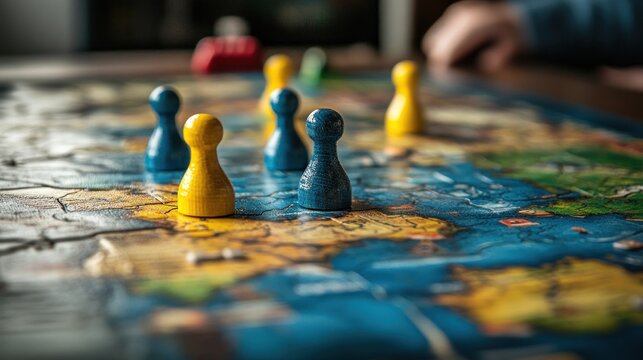 Close-up of a Board Game in Progress: Blue and Yellow Game Pieces on a Detailed Map
