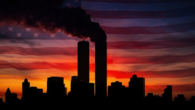 Silhouette of the twin towers skyline with dark smoke and an american flag overlay at a dramatic sunset