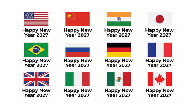 Collection of various world national flags for happy new year 2027 celebration card illustration with national countries celebration greeting international patriotic identity
