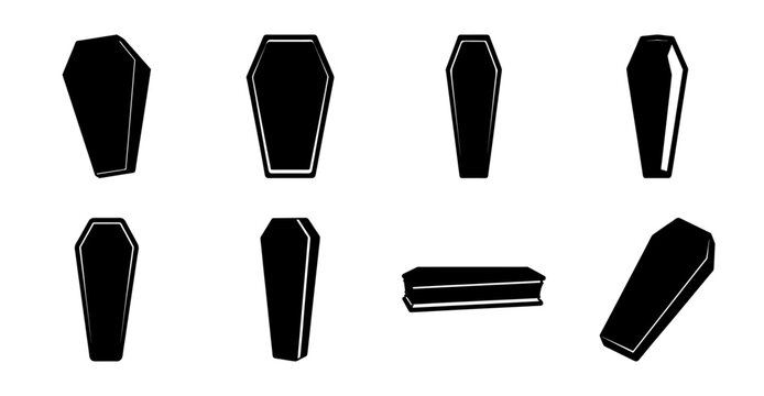 Black coffin icons in various styles - Minimalist black coffin icons in different shapes and designs, perfect for funeral, memorial, or horror-themed projects.