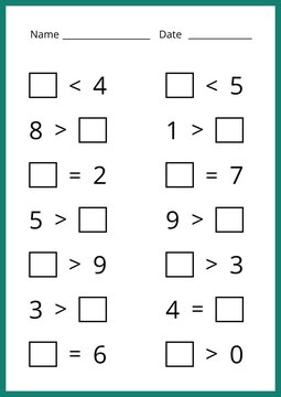 Math worksheet for kids to practice greater than, less than, and equal to. Preschool numbers comparison activity with empty boxes to fill in. Vector illustration.