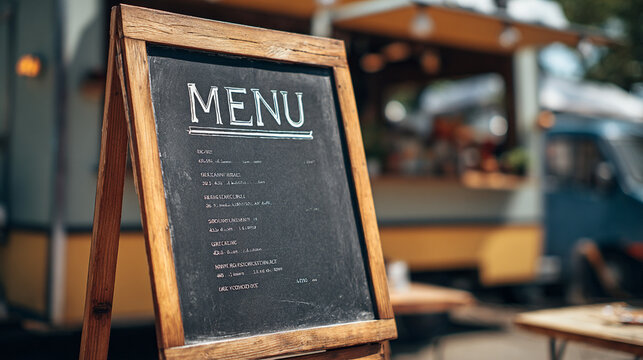 Close-up of a Wooden A-frame Chalkboard Menu Outside a Street Food Festival.