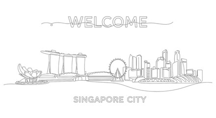 Naklejka premium Singapore skyline illustration: Line art welcome to cityscape