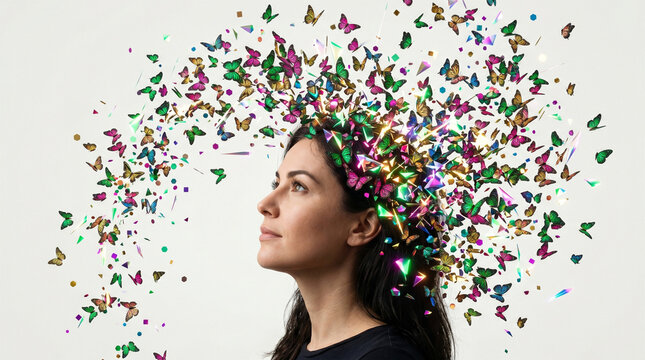 Side Profile of a Woman with Butterflies and Crystals Exploding from Her Mind for ADHD Awareness