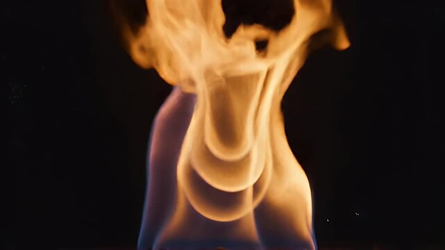 Close-up abstract view of orange and blue flames with sparks.