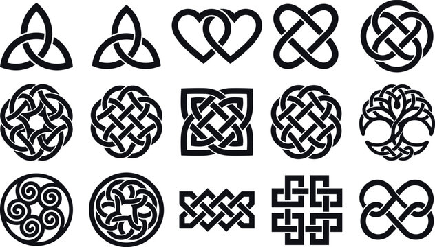 Celtic knot and triquetra symbol collection with interwoven ornamental patterns and sacred geometric designs vector illustration isolated on white background