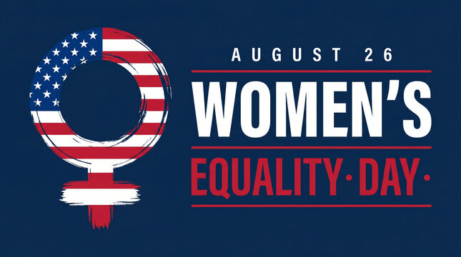 Womens equality day, august 26, american flag female gender symbol, banner with text on dark blue background