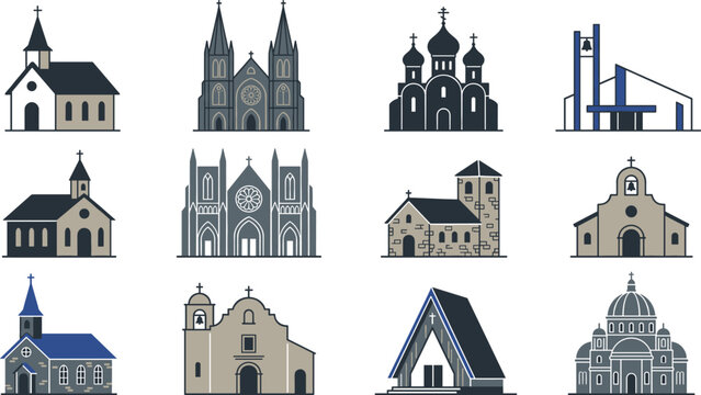 Christian church and cathedral architecture collection featuring historic religious buildings chapels basilicas and worship landmarks vector icons