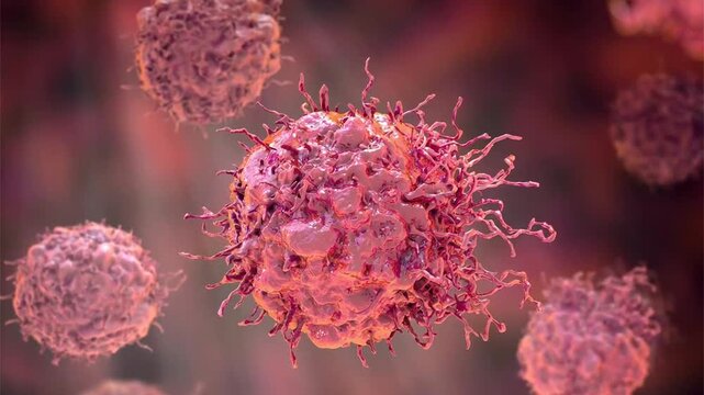 Tumour cells, 3D animation showing slowly drifting and rotating malignant cells, illustrating uncontrolled proliferation and cancer pathology in medical context.