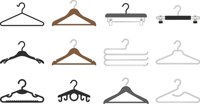 Clothes hanger collection set with wooden plastic and metal apparel hangers isolated household storage organization vector illustration