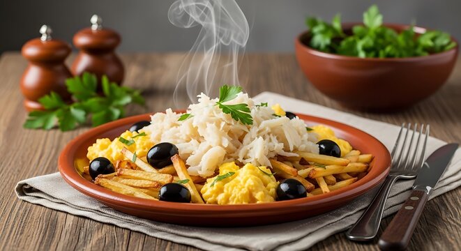 Steaming Bacalhau &agrave; Br&aacute;s dish with olives and parsley on rustic wooden table