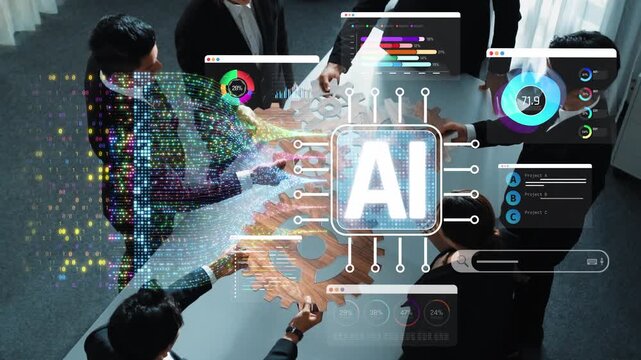 Collaborative Team Meeting with AI Integration Using Digital Technology and Data Visualization in Modern Office Environment Sigmoid