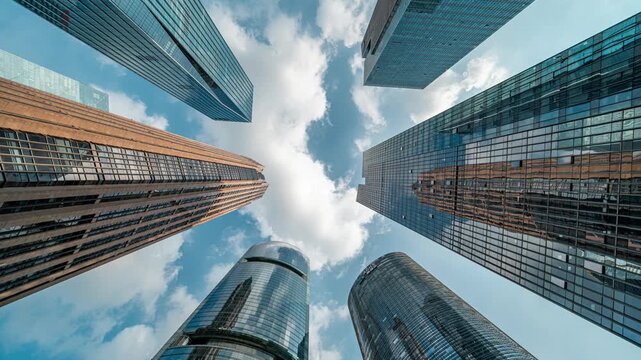 Looking up at modern glass skyscrapers in a financial district