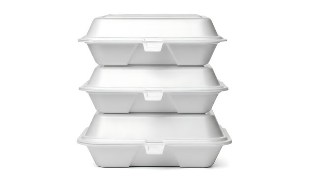 This image shows three white disposable food containers stacked vertically