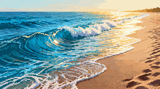 Pixel art of a serene beach scene with gentle waves lapping onto the sandy shore during a golden sunset.