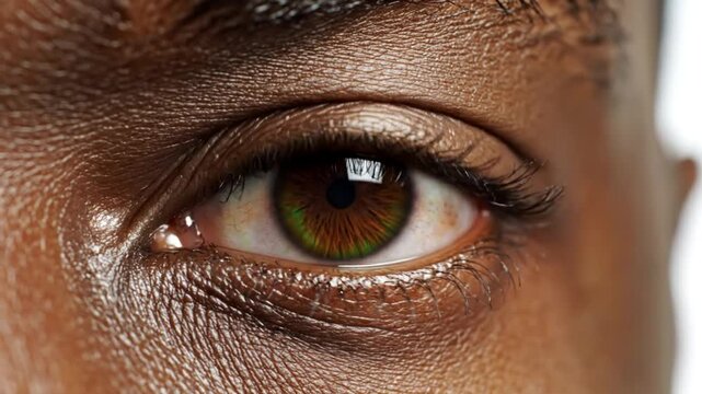 Close up view of eye with brown iris and green ring, blinking with long eyelashes on brown skin, isolated