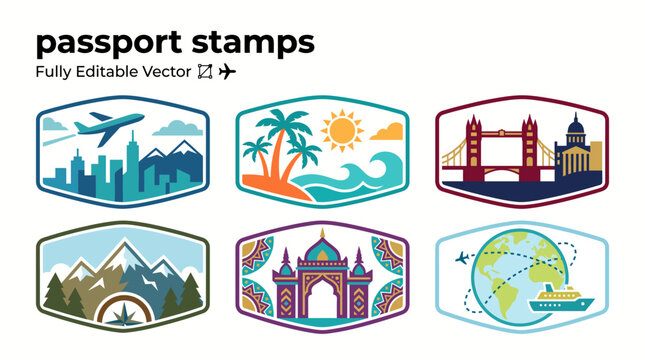 Passport Stamps World Travel - Airplane Beach Tower Bridge Mountains Taj Mahal Globe Vector