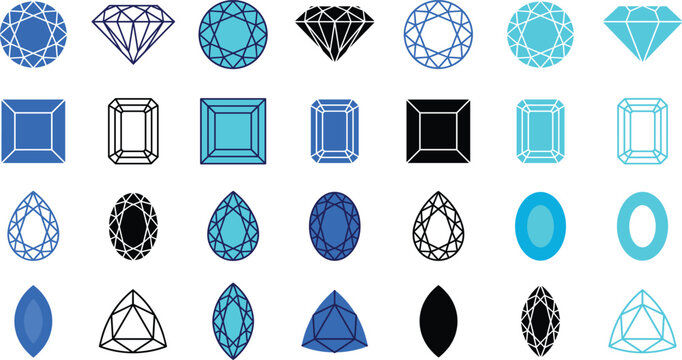Diamond and Gemstone Collection Vector Set Featuring Precious Jewelry Crystals Faceted Gems Luxury Fashion and Sparkling Mineral Icons