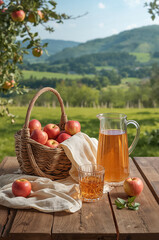 glass decanter with juice on the table, fresh apples in the garden