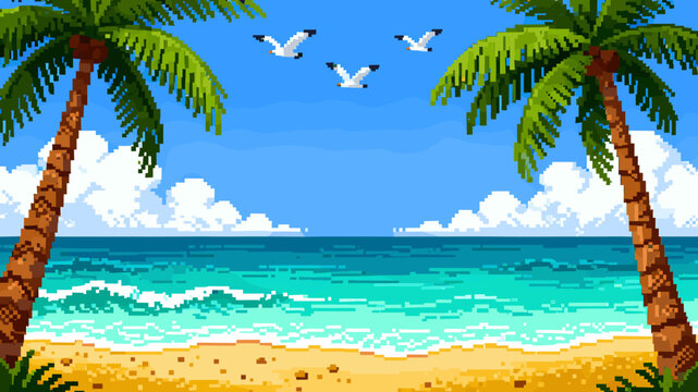 Pixel art tropical beach scene with palm trees, seagulls, and ocean waves under a blue sky.
