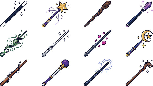 Fantasy magic wand collection featuring wizard staffs enchanted spellcasting rods mystical sorcery accessories and fairytale vector icons